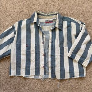 Vintage Shah Safari Cropped Striped Blue and Cream Button-Up Top